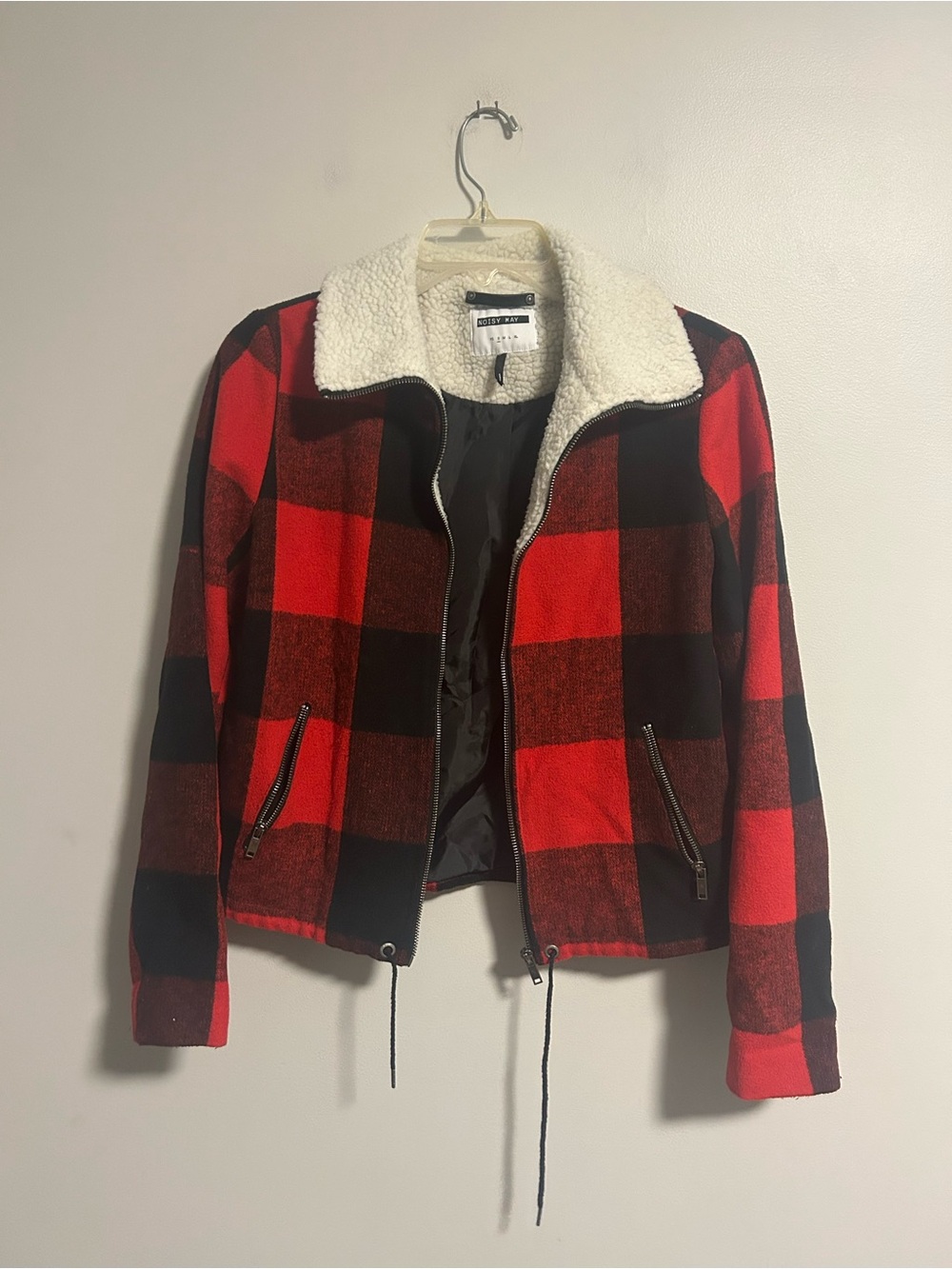 Noisy May small Red and Black Plaid zip up Sherpa Collar Bomber Jacket